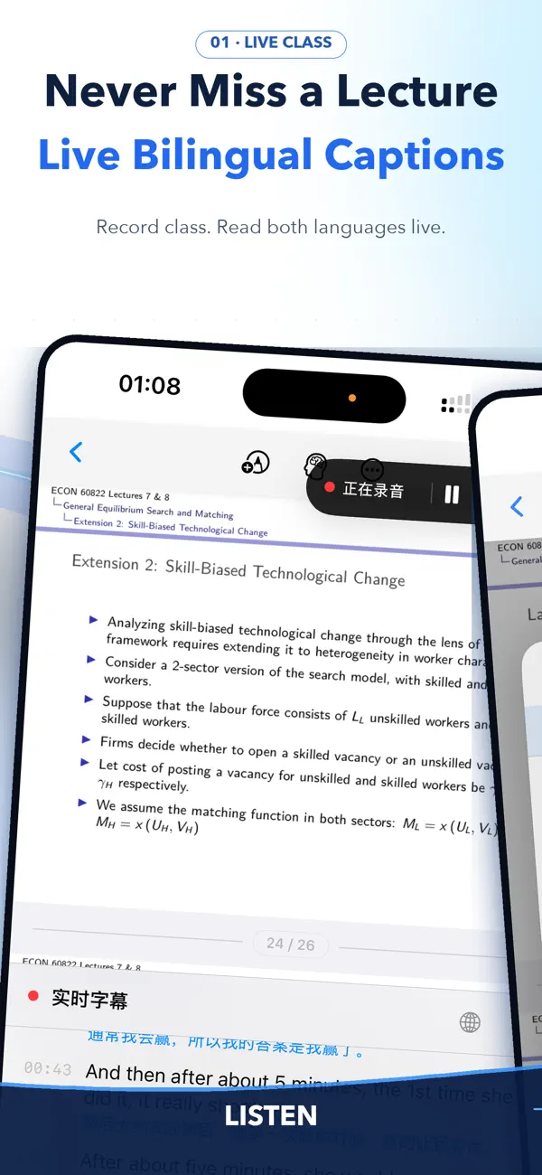 BBNotes showing live bilingual lecture captions on iPhone
